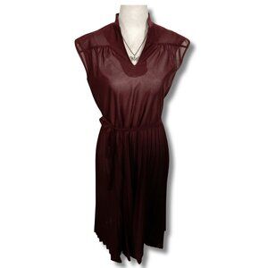 SEARS Vintage maroon short-sleeve sheer pleated dress w/ tie waist MEDIUM LARGE